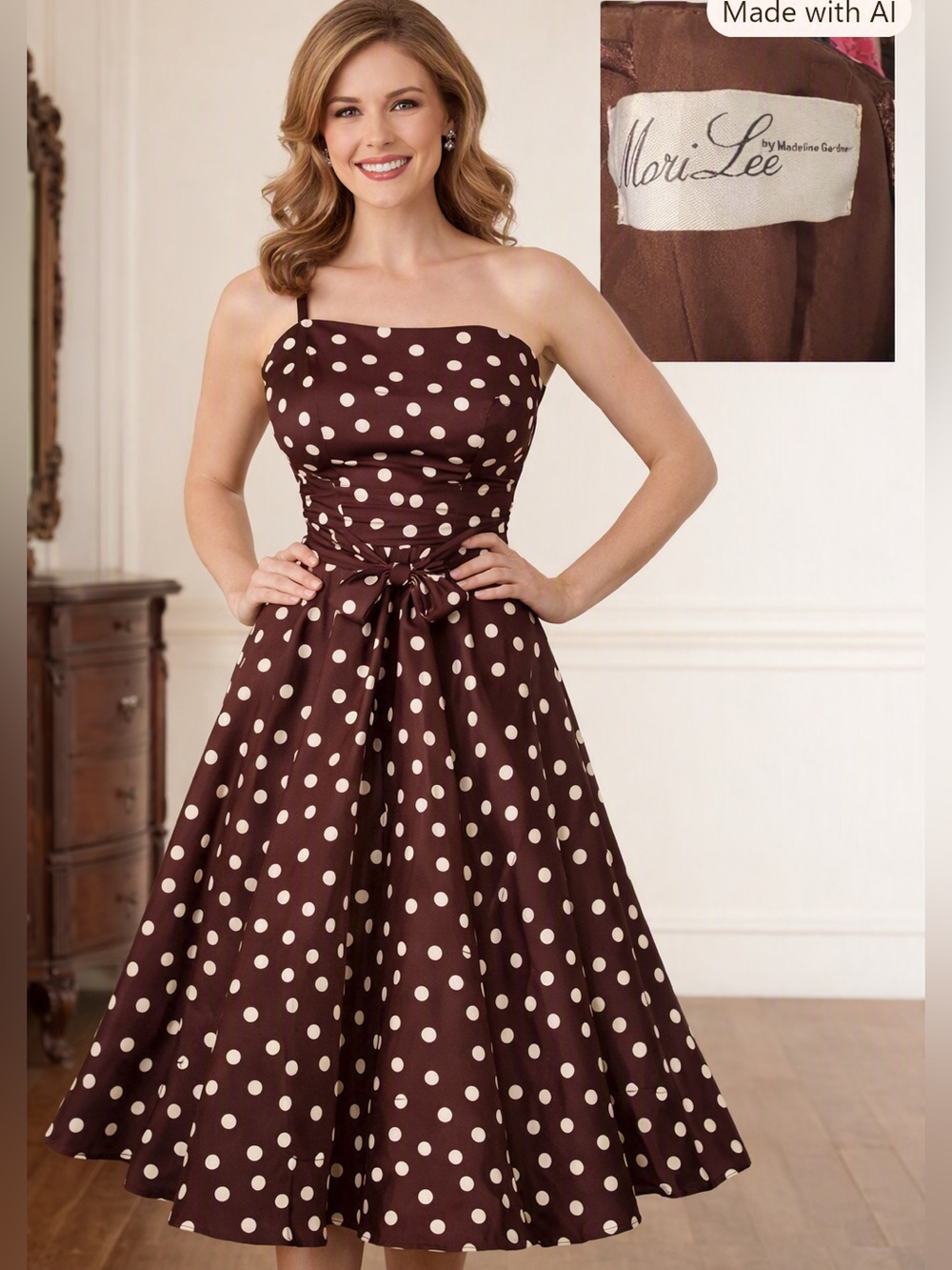 Mori Lee by Madeline Gardner Vintage Y2K Brown Polka Dot Strapless Cocktail Dre
